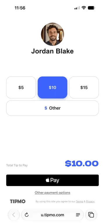 TIPMO guest tipping screen with preset $5, $10 and $15 amounts, a $10.00 total and an Apple Pay button